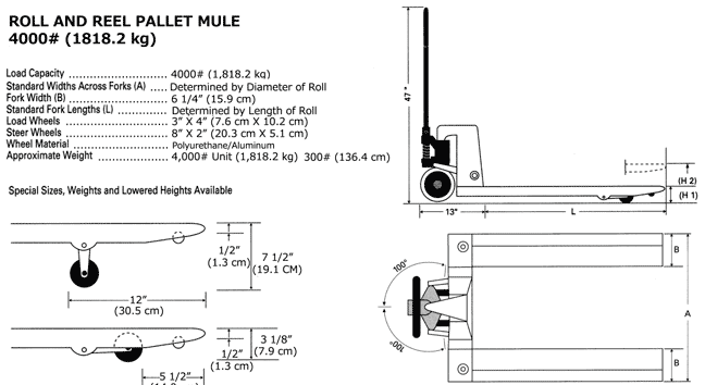 Specifications and drawings of rool and reel pallet jack