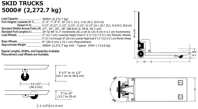 Specifications and drawings of skid truck pallet jack